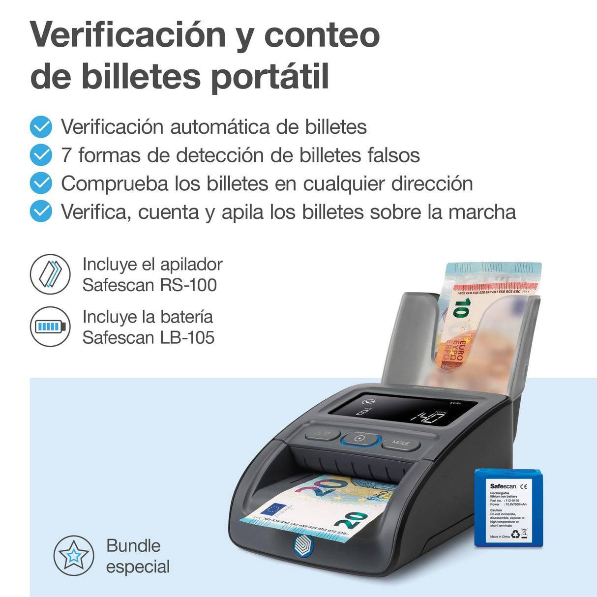 Detector de billetes falsos portátil Safescan 155-S completo para verificar rápidamente billetes - Detector billetes falsos con 7 puntos de detección - Detector de billetes falsos 100% fiable