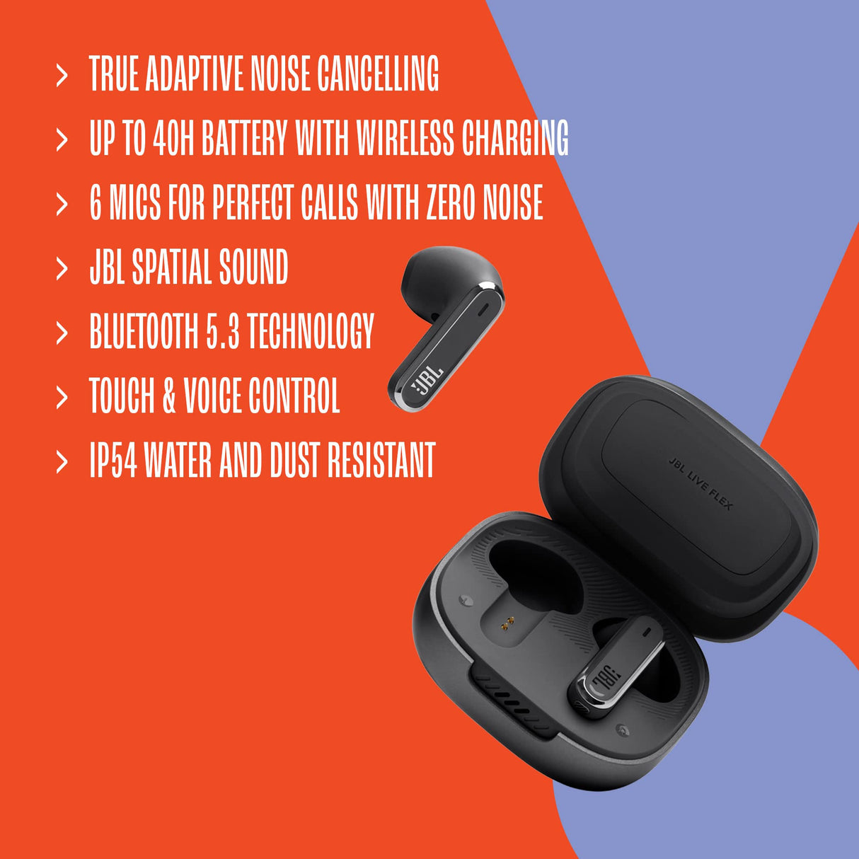 JBL Live Flex, Auriculares In Ear inalámbricos con estuche de carga inteligente, tecnología Bluetooth y de cancelación adaptativa de ruido, llamadas manos libres y hasta 40 horas de autonomía, negro