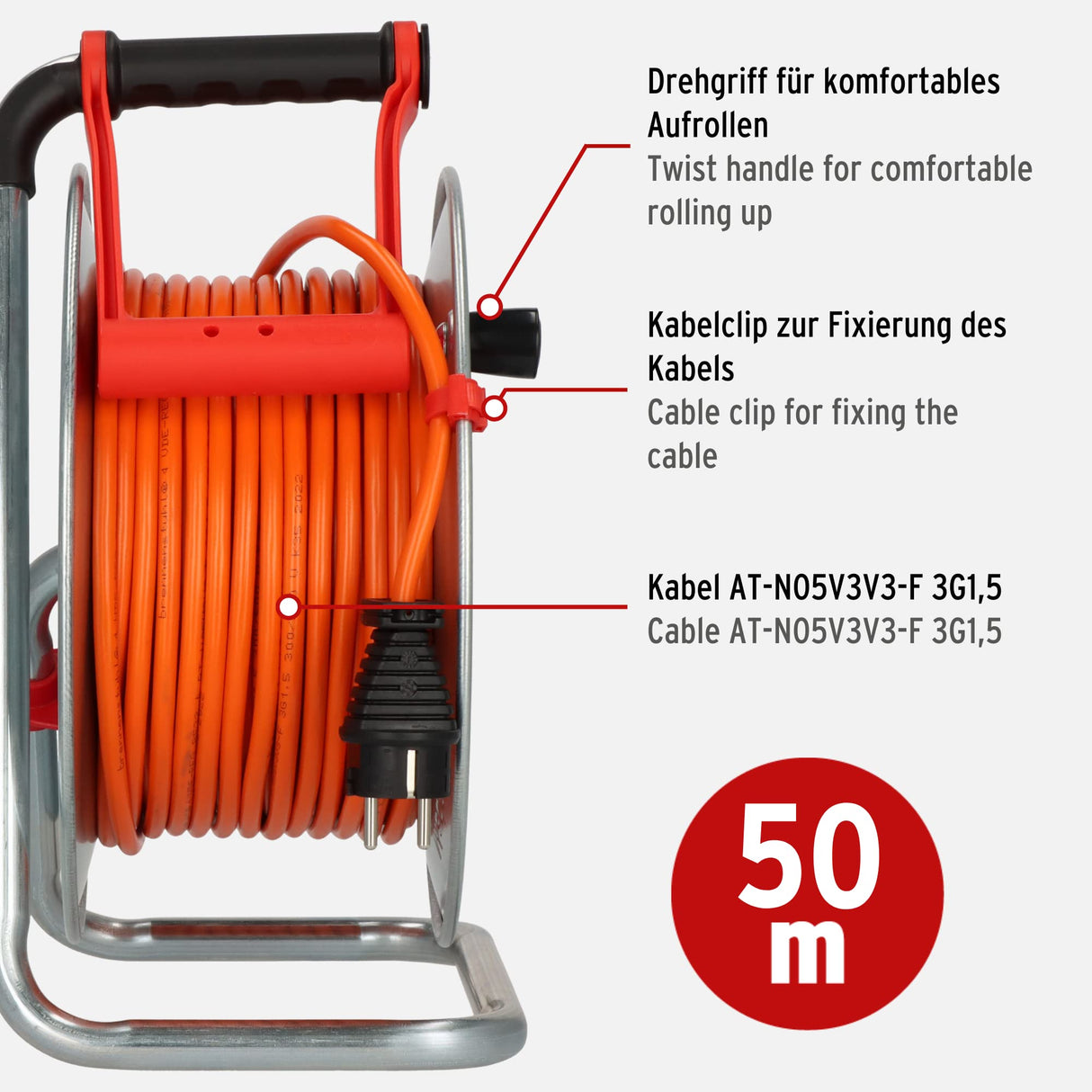 Brennenstuhl Garant S V2 IP44 - Carrete de cable para exteriores (50 m, fabricado en Alemania, cable negro, chapa de acero, uso a corto plazo en exteriores)