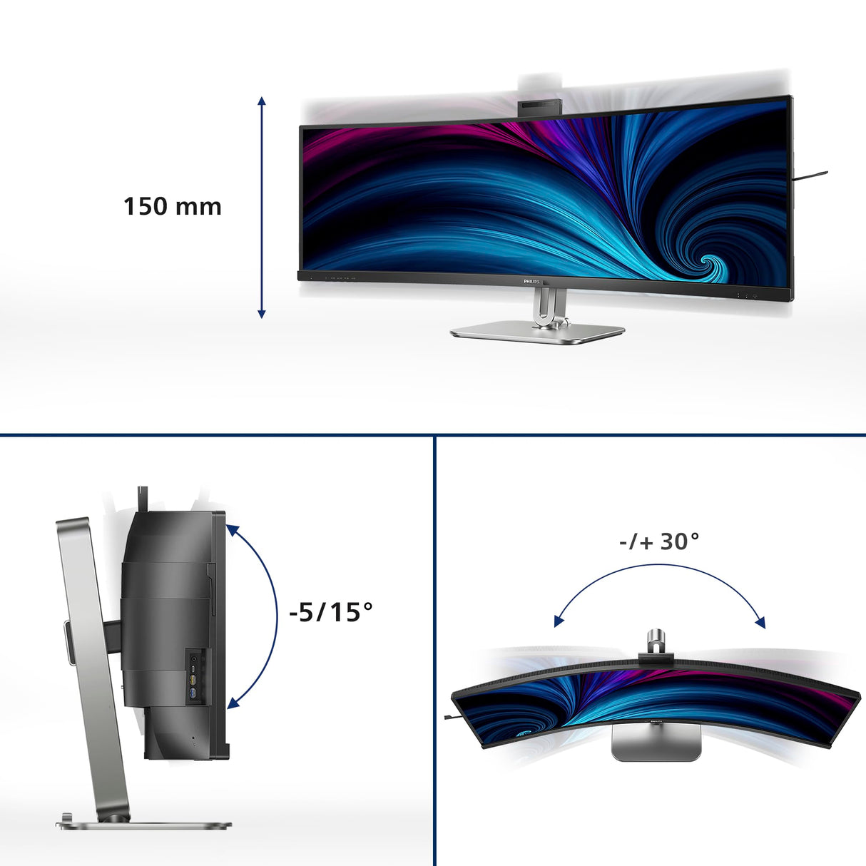 Philips 49B2U6903CH - Monitor Curvo DQHD de 49 Pulgadas, Webcam, micrófono, RJ45, Altura Regulable (5120x1440, HDMI, DisplayPort, USB-C, USB Hub) Negro