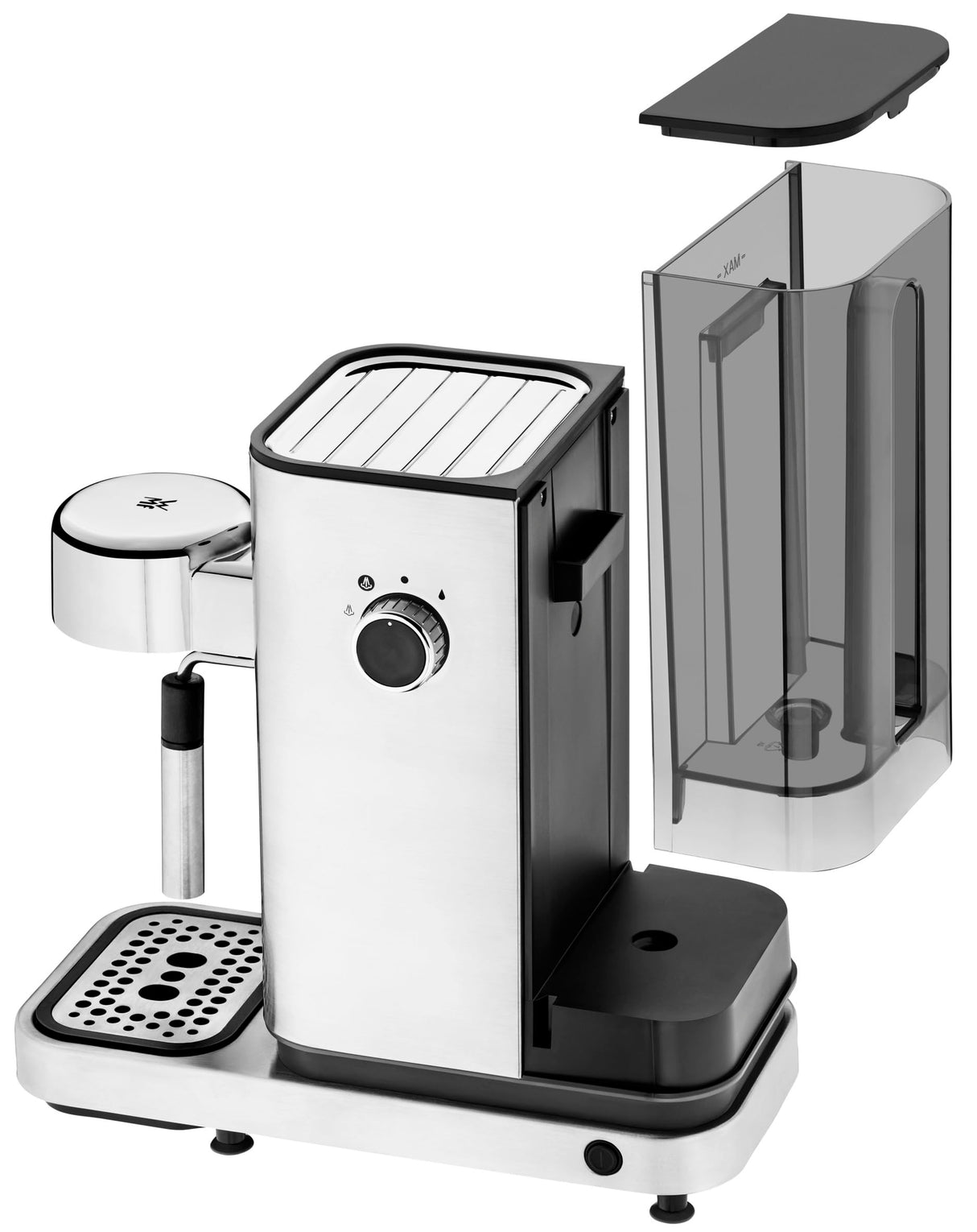 WMF Lumero - Cafetera expreso con 3 portafiltro, 1400 vatios, para 1-2 tazas de expreso, 15 bares, reposavasos, espumador de leche, prensador de café, luz led, acero inoxidable mate