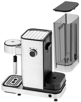 WMF Lumero - Cafetera expreso con 3 portafiltro, 1400 vatios, para 1-2 tazas de expreso, 15 bares, reposavasos, espumador de leche, prensador de café, luz led, acero inoxidable mate