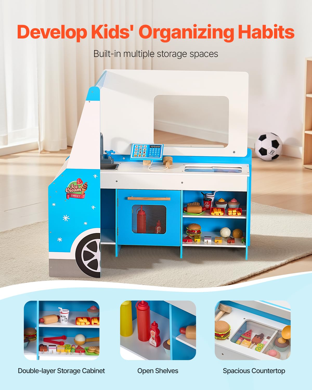 VEVOR Carrito de Helados para Niños, Juego de Madera de Más de 20 Piezas, con Volante y Pizarra, Escáner de Pago y Congelador, Grifo y Fregadero, para Niños de 3 a 7 Años, 1000 x 614 x 955 mm