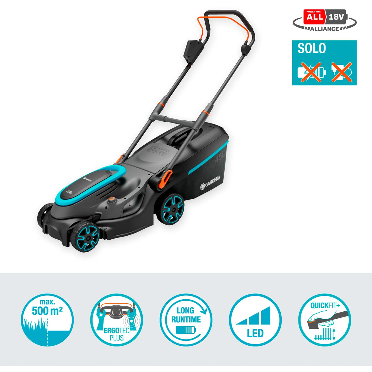 Gardena cortacésped a batería PowerMax 37/36V P4A sin batería: Ancho de Corte 37 cm, Capacidad de Recogida 45 l, Altura de Corte Ajustable Central, Motor PowerPlus con Eco-Modus (14638-55)