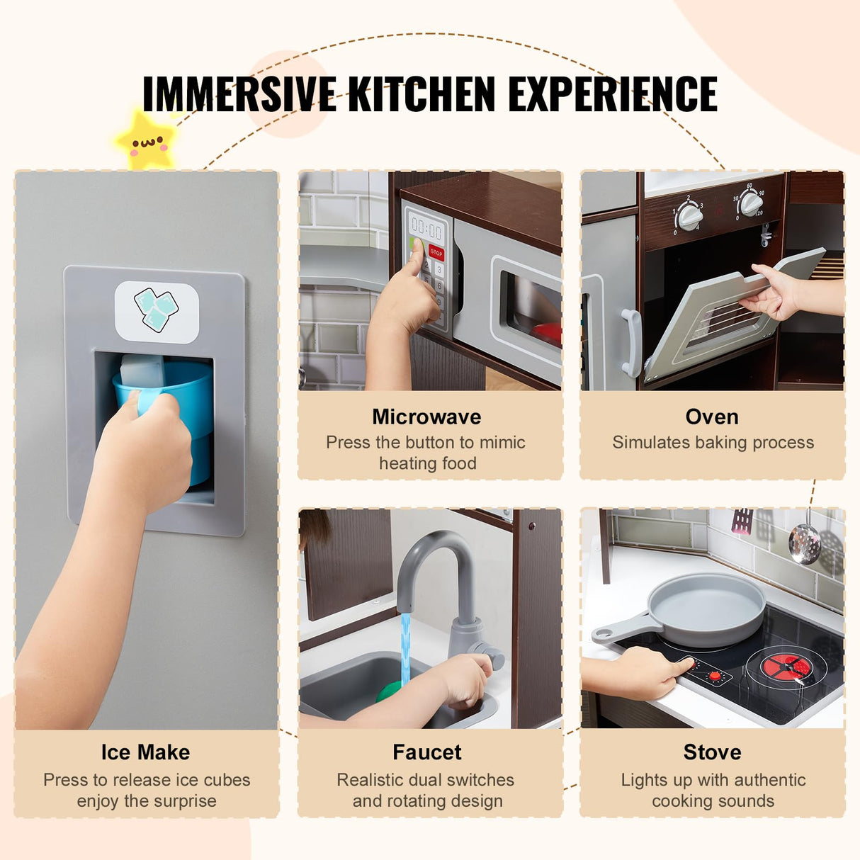 VEVOR Juego de Cocina de Madera de Esquina con Luces y Sonidos, Cocina con Máquina de Hielo, Horno, Fregadero, Reloj, Microondas, Refrigerador y Accesorios para Niños Pequeños y Preescolares, Marrón