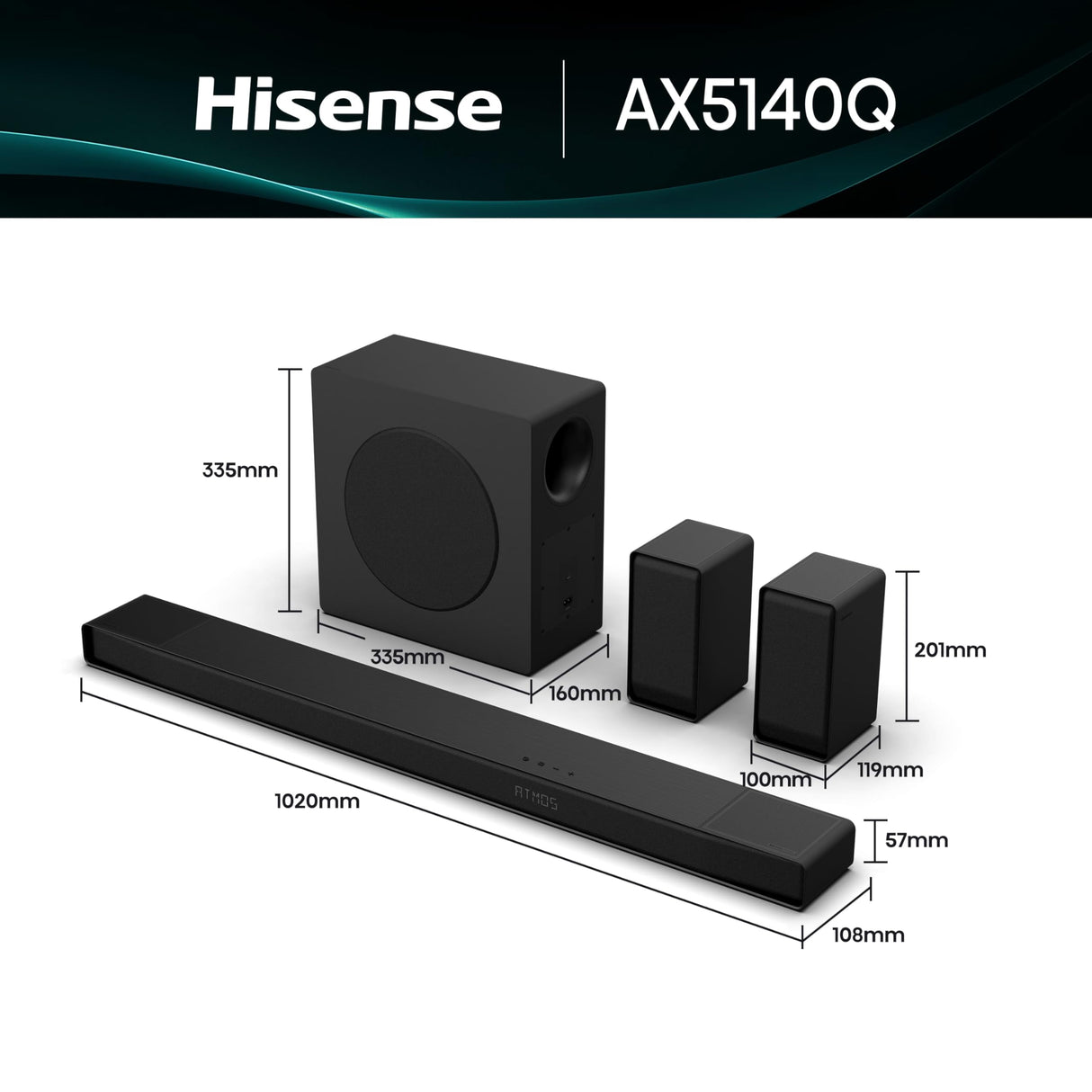 Hisense AX5140Q - Barra de Sonido 5.1.4, 600W, 13 Altavoces, Subwoofer y Altavoces Traseros Inalámbricos, Dolby Atmos, DTS:X, Ecualizador IA, Calibración Automática, Hi-Concerto, EzPlay 3.0