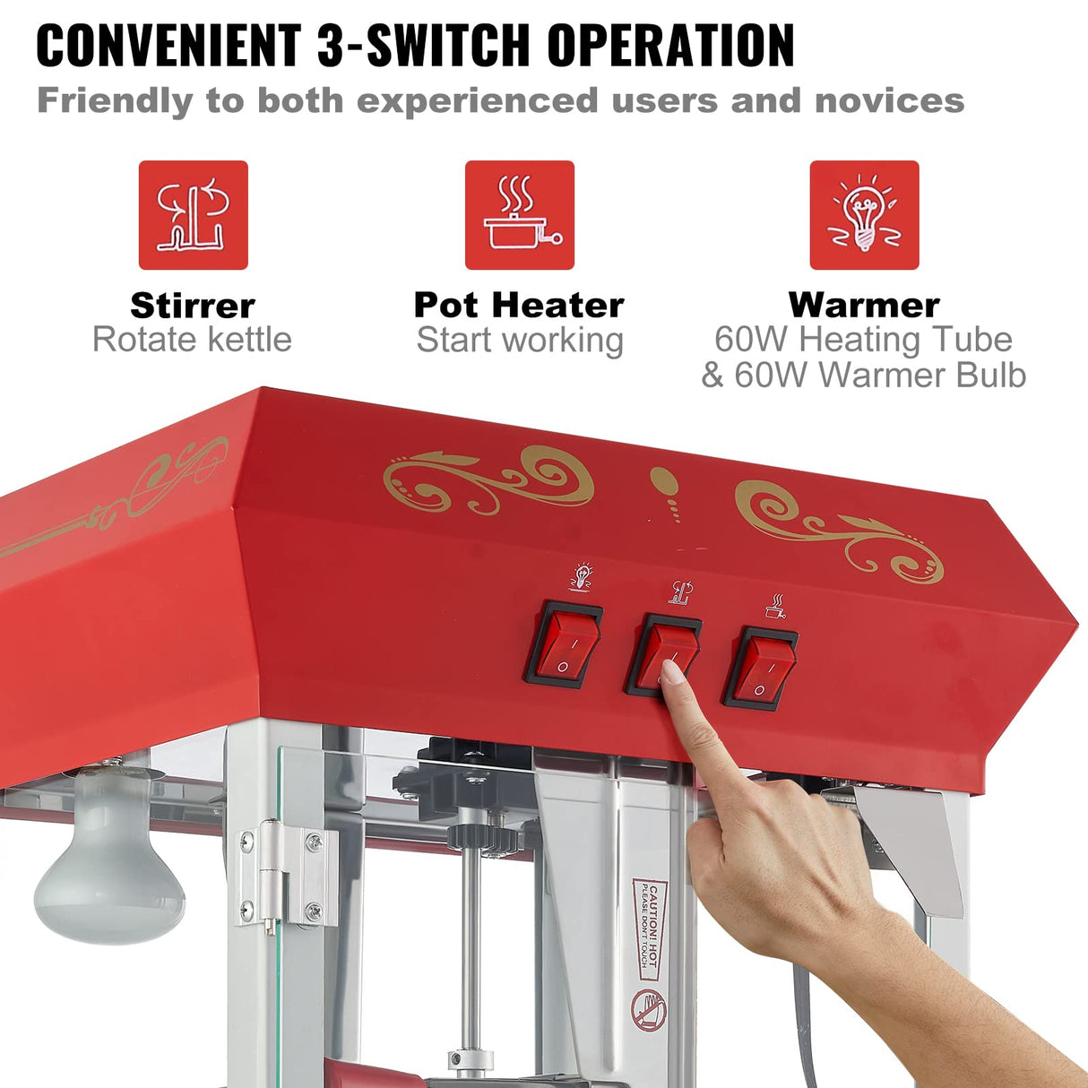 VEVOR Máquina para Hacer Palomitas de Maíz con Carrito, 850 W, Hervidor de 8 oz Que Prepara 48 Tazas por Tanda, con Vidrio Templado, Incluye 4 Palas, Estilo Cine, Color Rojo, 610 x 410 x 1395 mm