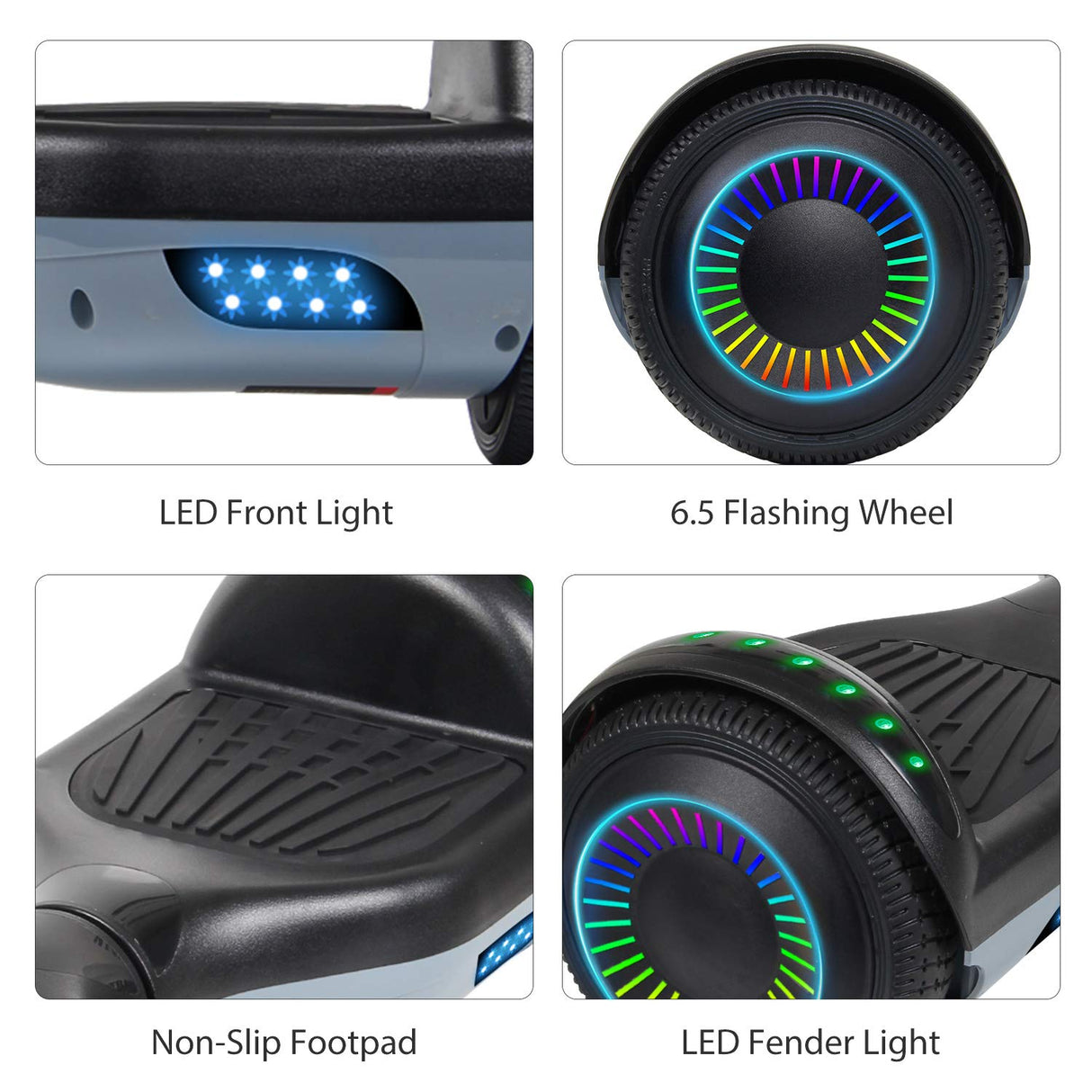 SISIGAD Hoverboard 6,5 pulgadas Overboard, Hover Scooter Board Todoterreno, Bluetooth y LED autoequilibrado, Scooter eléctrico Auto-equilibrio para niños y adultos HY-A12 gris/negro