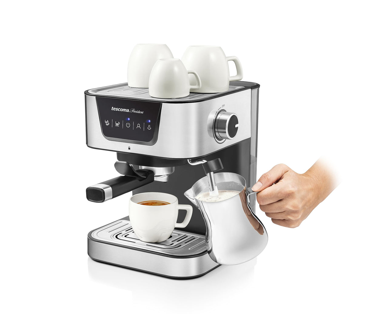 Tescoma 909010 - Máquina de espresso manual de 19 bar, con lanza de vapor, brazo de doble salida, calentadores de suelo, línea President