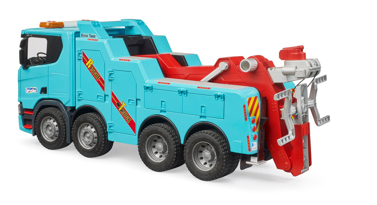 bruder 03553 - Camión de rescate y remolque Scania Super 560R con módulo de luz y sonido - 1:16 Vehículos, grúas, remolcadores, asistencia en carretera, transportadores