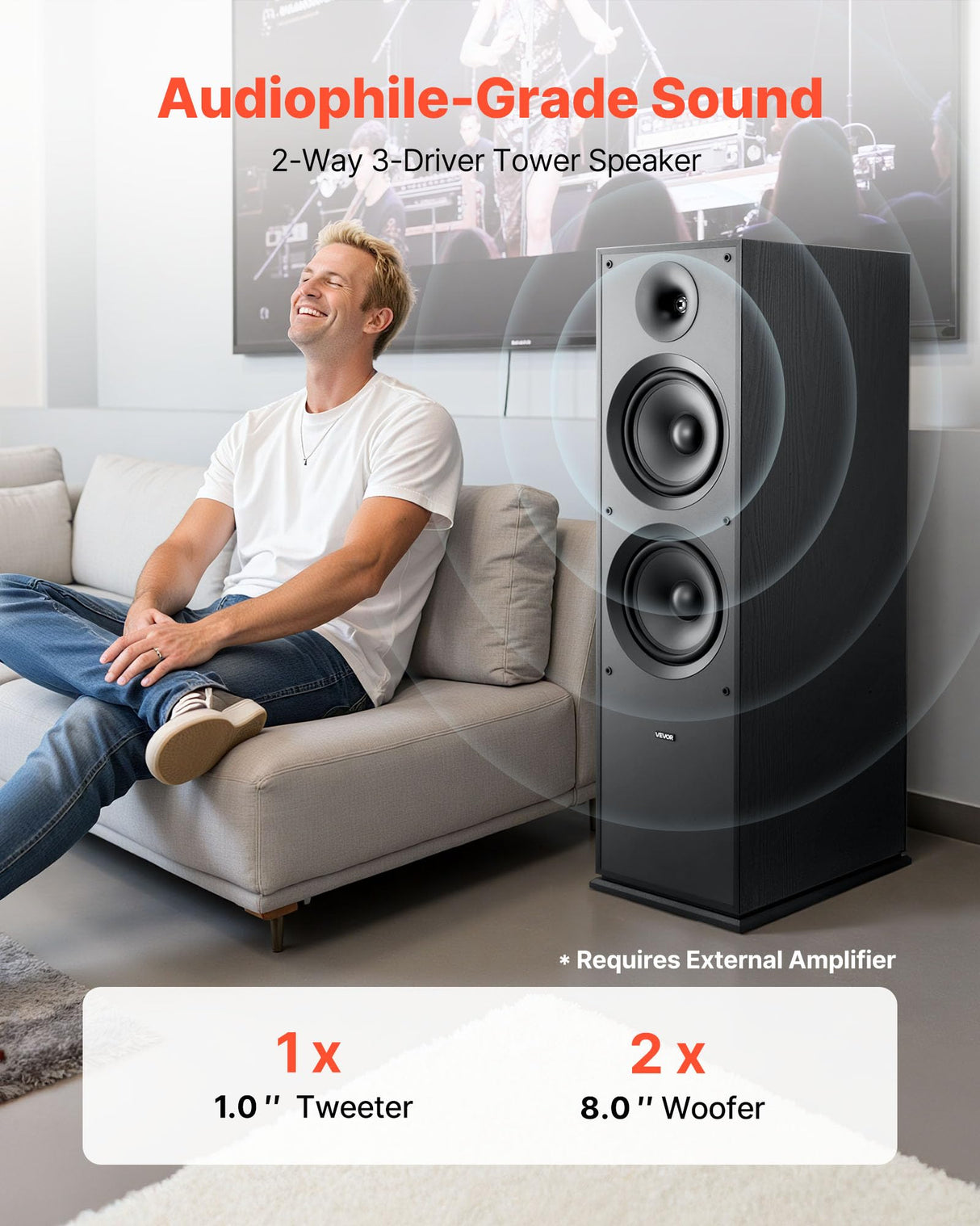 VEVOR Altavoz de Suelo de 2 Vías, con Tweeter de 2,54 cm y Dos Woofers de 20,32 cm, Potencia Máxima de 600 W, Respuesta de Frecuencia de 50 Hz a 20 kHz, Carcasa de MDF, para Audio Doméstico