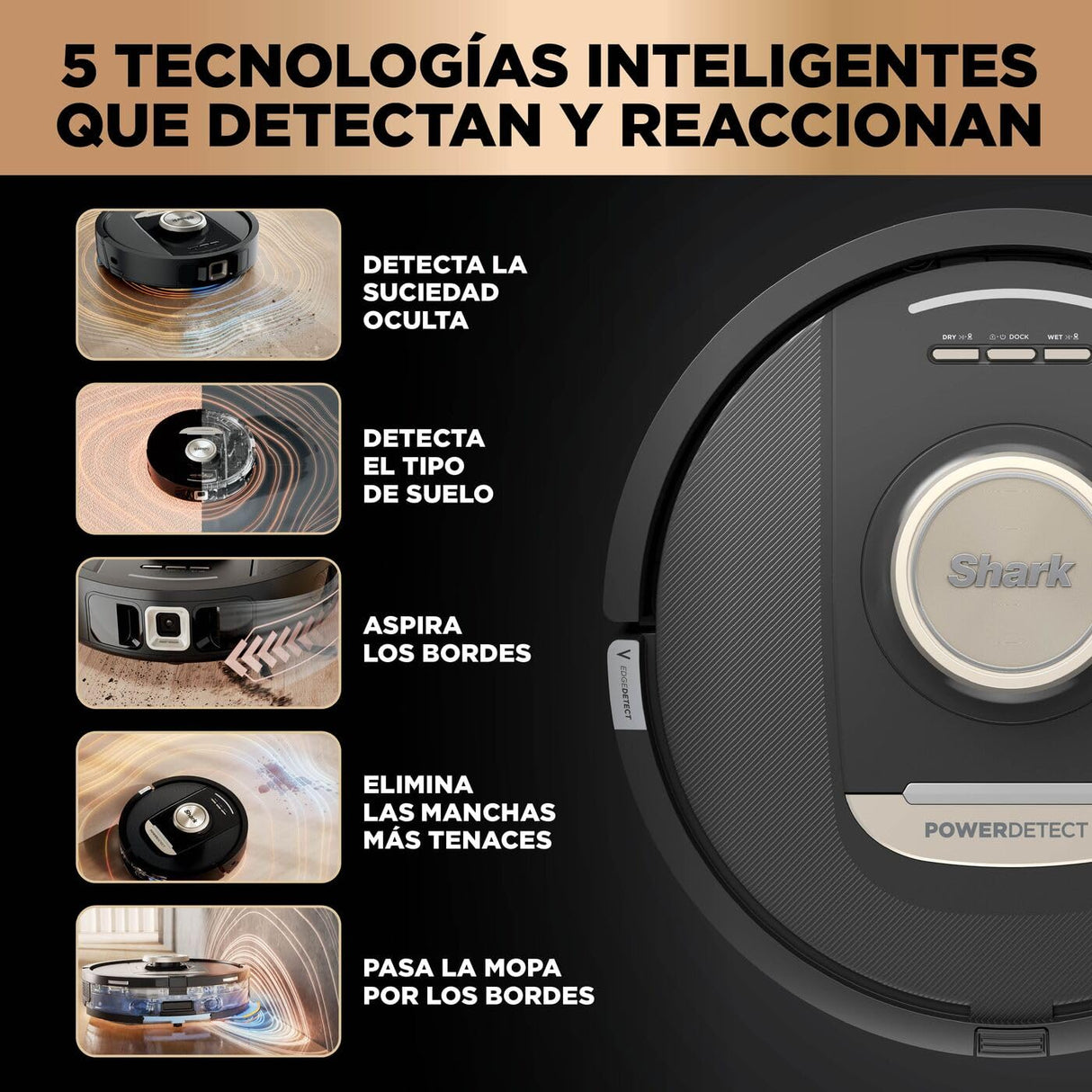Shark PowerDetect Robot Aspirador y mopa 2 en 1, Base NeverTouch Pro con Limpieza, Carga y Vaciado automáticos, 60 días, navegación 3D y LiDAR, NeverStuck, WiFi/App, Negro, RV2800ZEEU