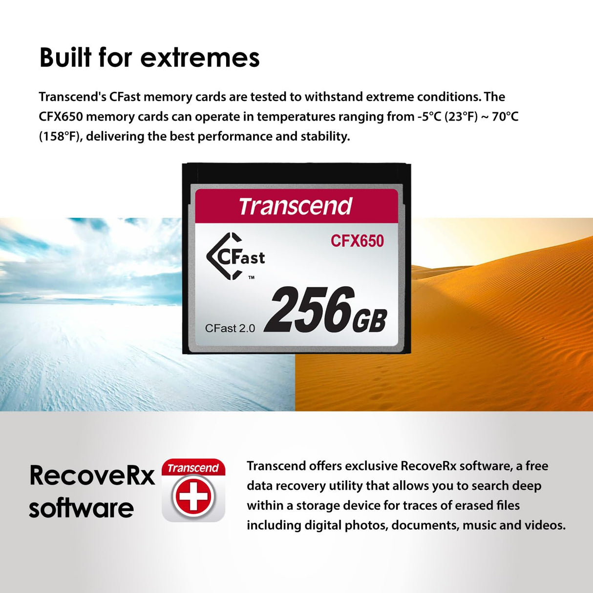 Transcend 128GB CFast 2.0 Memory Card CFX650 SATA III 6Gb/s, hasta 510/370 MB/s, MLC NAND Flash, diseñada para cinematografía en grabación de Video de Alta resolución, Full HD y 4K TS128GCFX650