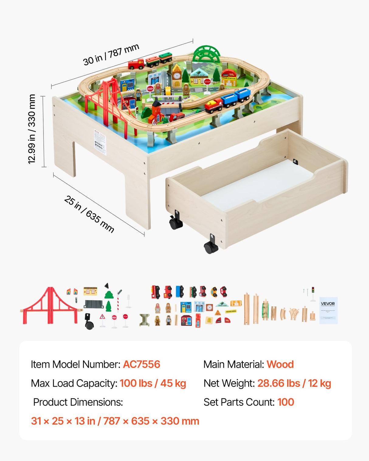 VEVOR Mesa de Actividad de Tren 100 Piezas de Madera 79x64x33 cm Mesa de Juegos de Tren Circuito de Ferroviarias Juguetes Creativos con Cajón Rodante de Almacenamiento para Facilitar Organización