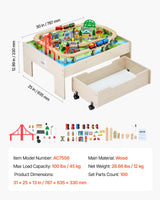 VEVOR Mesa de Actividad de Tren 100 Piezas de Madera 79x64x33 cm Mesa de Juegos de Tren Circuito de Ferroviarias Juguetes Creativos con Cajón Rodante de Almacenamiento para Facilitar Organización