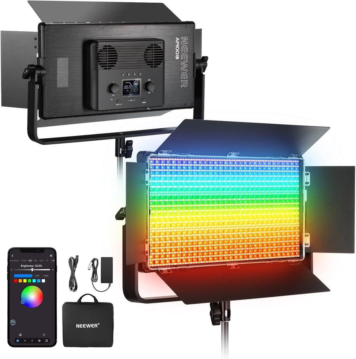 NEEWER 105W RGB LED Panel Luz Video Kit con Puertas Granero, 1200 LED 31500Lux@0,5m 2500K-10000K CRI96+/TLCI97+ Regulable, App/2,4G/Panel/Control DMX, Iluminación Grabación Fotografía Estudio, AP100C
