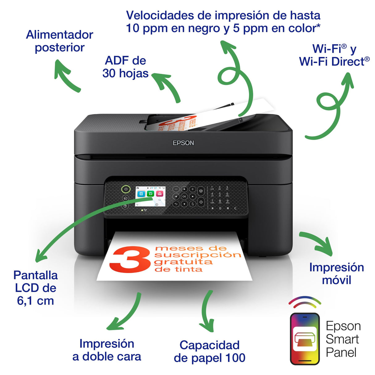 Impresora de inyección de tinta multifunción WorkForce WF-2930DWF A4 con conectividad inalámbrica y 3 meses gratis de suscripción de tinta ReadyPrint*