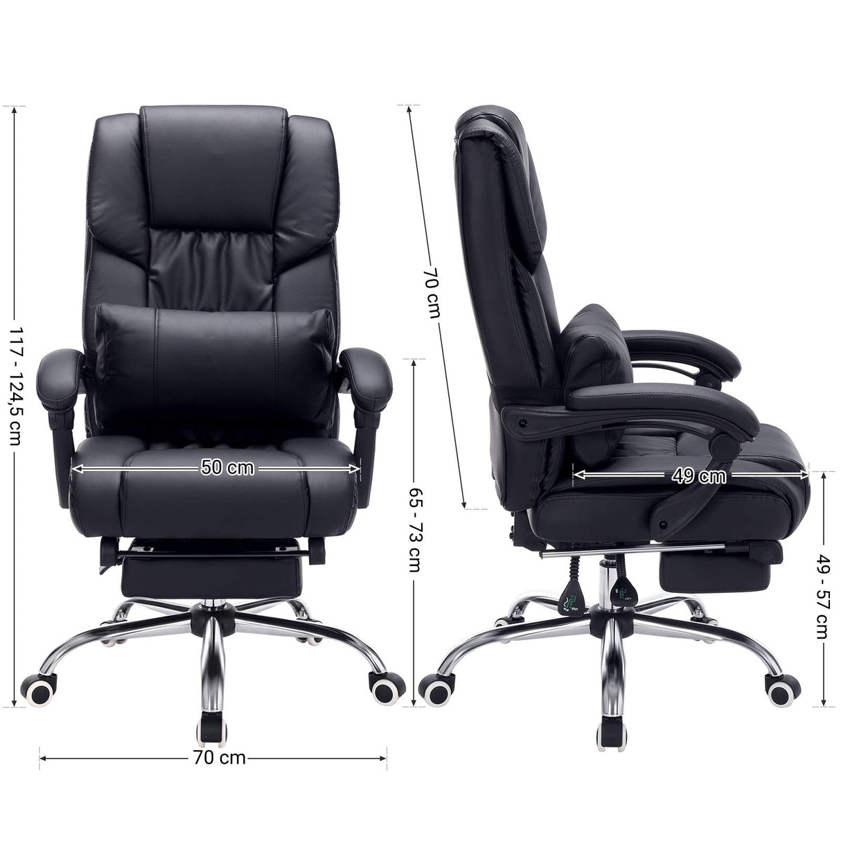 SONGMICS Racing Silla de Escritorio computadora Oficina Ergonómica con reposapiés Plegable PU Metal Cromado Negro 150 kg OBG71B