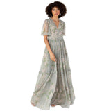 Anaya with Love Women's Maxi Dress Ladies V-Neck Short Angel Sleeves Tiered Ruffle For Bridesmaid Wedding Guest Occasion Prom Ball Gown Vestido, Floral Sage Green, 44 para Mujer