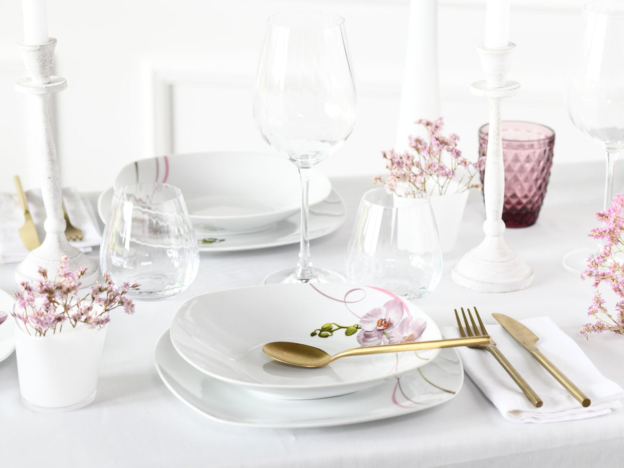 CreaTable, 24026, Serie Square Orchidee, 30-teiliges Geschirrset für 6 Personen, Kombiservice aus Porzellan, spülmaschinen- und mikrowellengeeignet, Qualitätsproduktion