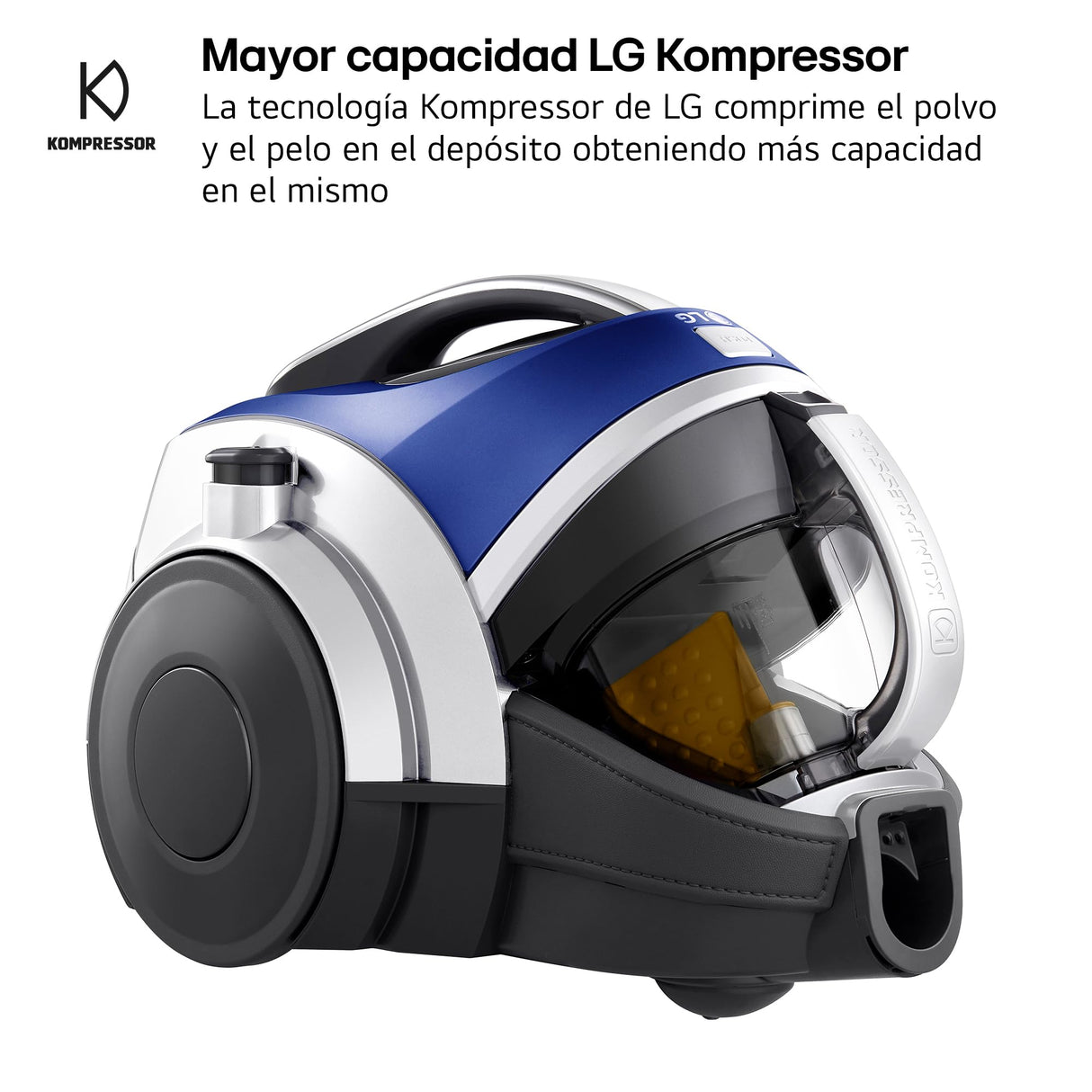 LG VK8506NHAC - Aspirador sin Bolsa 650W, Sistema Kompressor, Turbo Ciclónico, Aspiradora Tubo Telescópico, Depósito 1,2Lx3, Regulador Potencia, Especial mascotas, Cepillo 2en1 alfombra-suelos,Azul