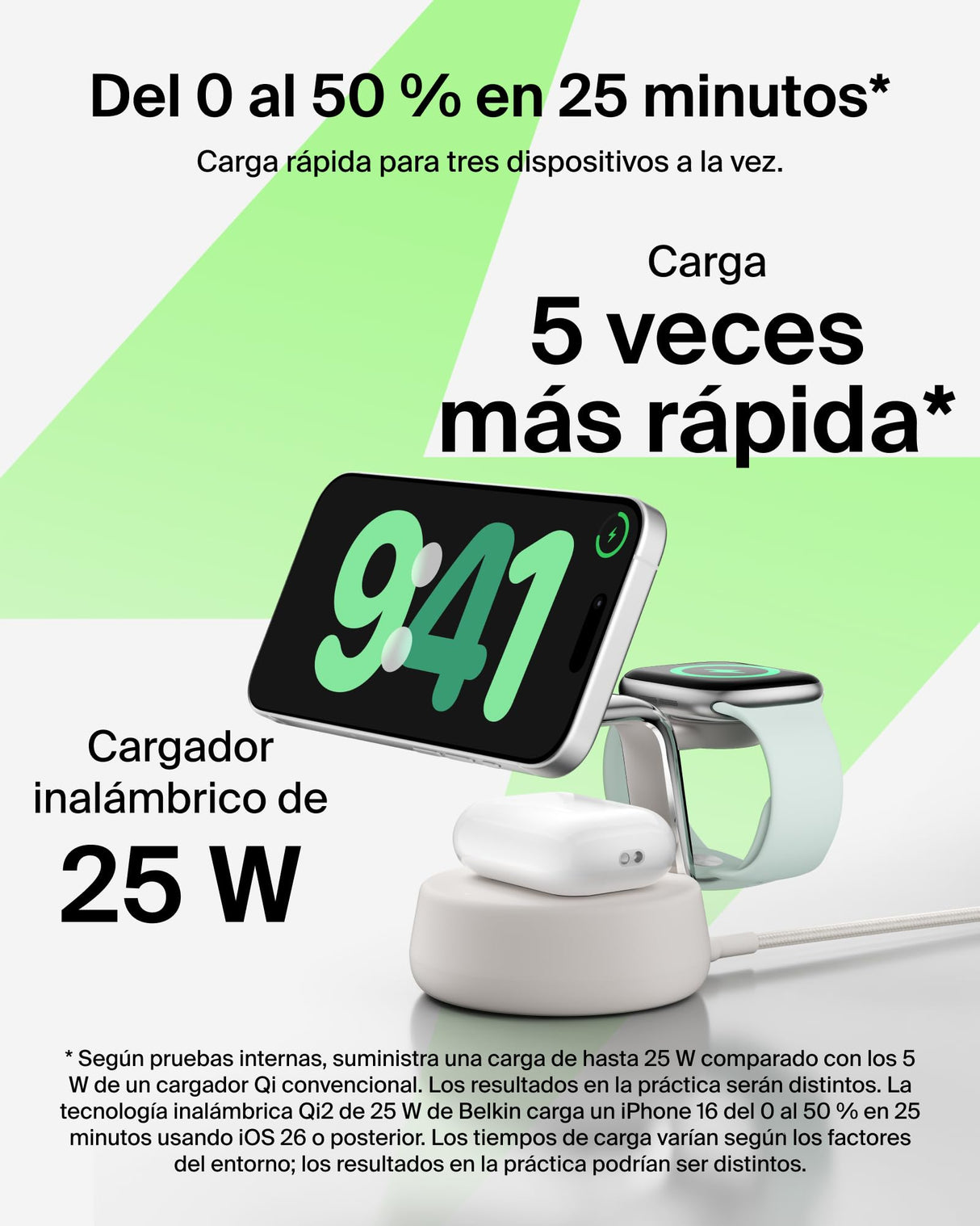 Belkin UltraCharge Pro Cargador Inalámbrico 3 en 1, 25W, Cargador Qi2 Compatible con MagSafe, Estación de Carga para iPhone 16, Apple Watch, AirPods, Pixelsnap con Ventilador y Adaptador 45W, Beis