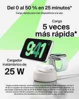 Belkin UltraCharge Pro Cargador Inalámbrico 3 en 1, 25W, Cargador Qi2 Compatible con MagSafe, Estación de Carga para iPhone 16, Apple Watch, AirPods, Pixelsnap con Ventilador y Adaptador 45W, Beis