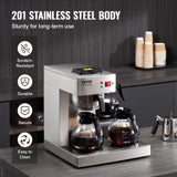 VEVOR Cafetera de Goteo Comercial Máquina de Café con 3 Jarras de Vidrio y 3 Placas Calentadoras Cafetera de Acero Inoxidable con Entrada Automática de Agua para Restaurante, Oficina, Cafetería