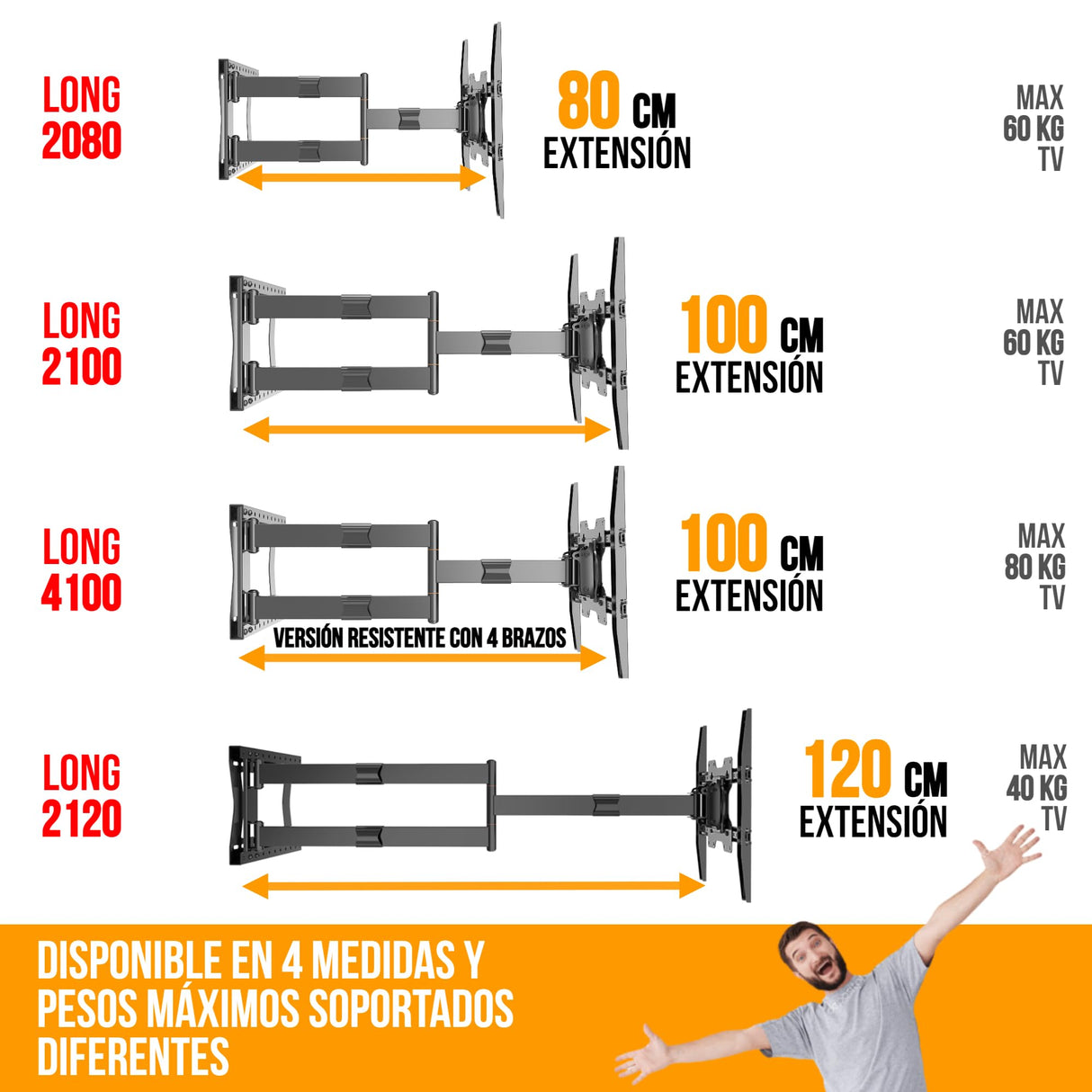 Nanook 2120 Soporte de Pared de Brazo Largo para televisores de 42 a 75 Pulgadas, Extensión Extra Larga de hasta 120 cm, Soporte de TV Que Permite Movimiento Completo, Soporta un Peso de hasta 40 kg
