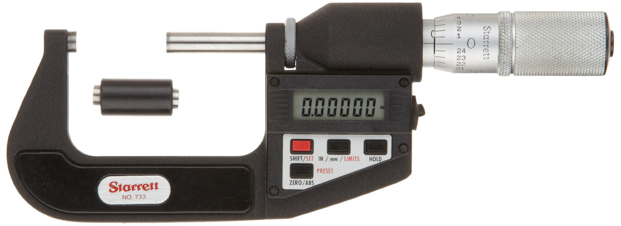 Starrett 733XFLZ-14 - Micrómetro de exterior con pantalla LCD, dedal de fricción, tuerca de bloqueo, carburo de carburo, rango de 33 a 35 cm, graduación de 0,0001 pulgadas, precisión de +/-0,0003 pulgadas