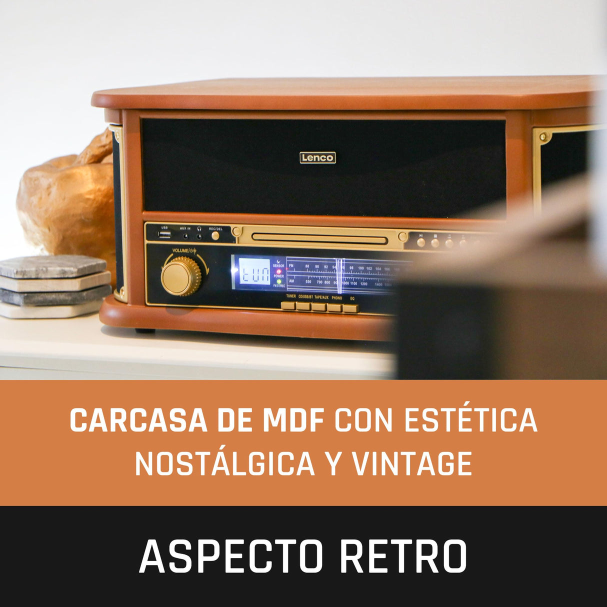 Lenco TCD-2551 Tocadiscos para Discos - Bluetooth Tocadiscos con Altavoz - Reproductor de CD - Pletina de Casete - 3 velocidades - Transmisión por Correa - 2 x 5 vatios - Madera