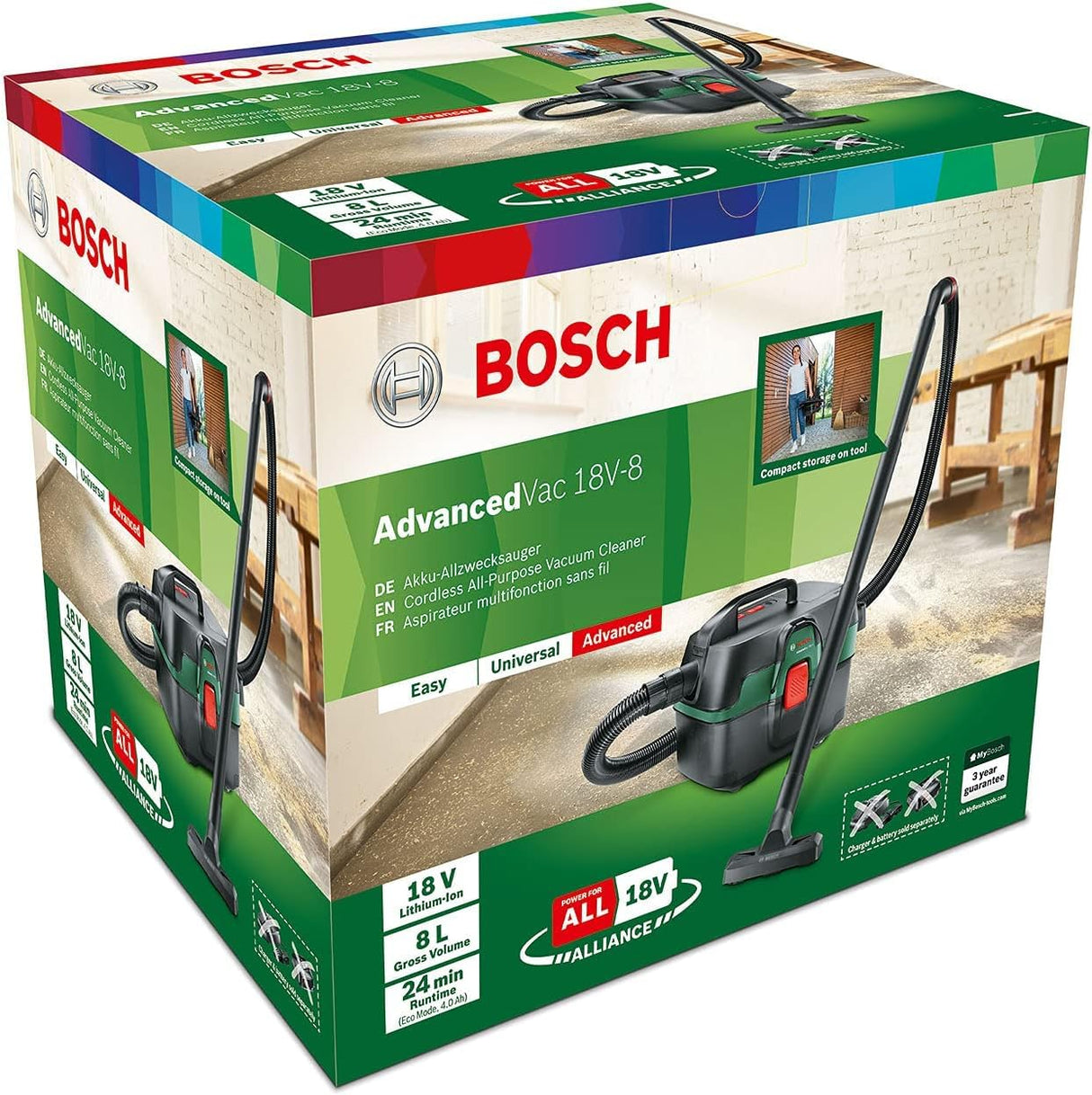 Bosch Aspirador en seco y húmedo a batería AdvancedVac 18V-8 (sin batería, Sistema de 18 voltios, Juego de Accesorios Incluido, Embalaje en Caja)
