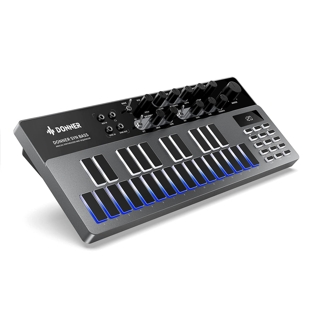 Sintetizador de bajo analógico y secuenciador, Donner Essential B1 con interfaz de usuario intuitiva, memoria de 128 patrones, efectos de saturación y retardo, ideal para un sonido de ácido clásico