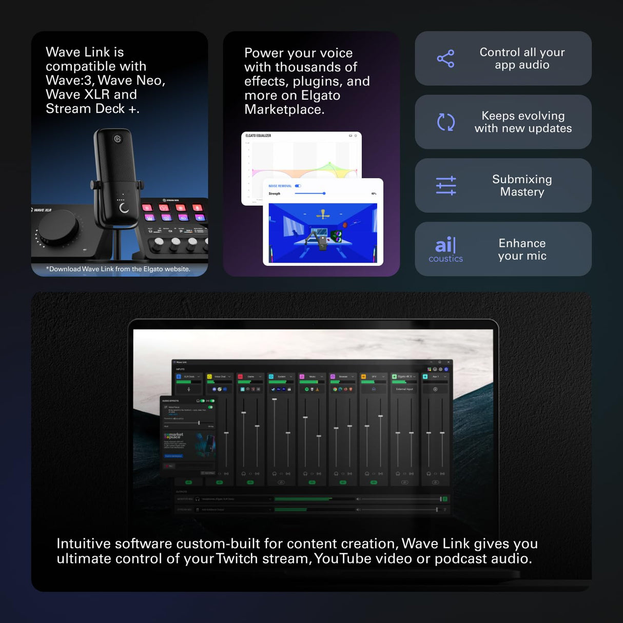 Elgato Wave:3 - Micrófono condensador USB profesional prémium para streaming, podcasts, juegos, oficina en casa, software mezclador gratis, plugins de efectos, antidistorsión, plug n play, Mac, PC
