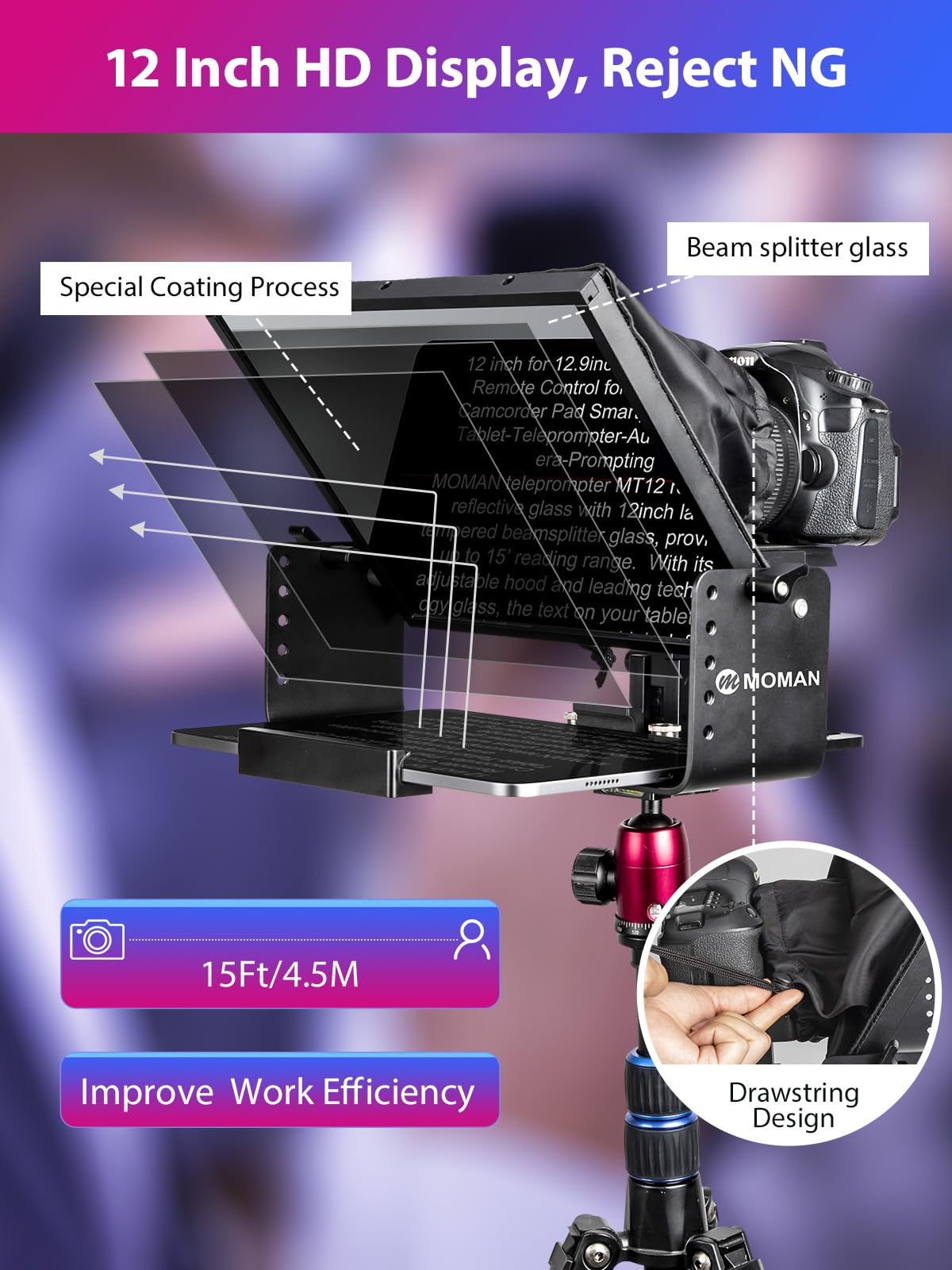 Moman MT12 Teleprompter Metálico de 12,9 Pulgadas, con App Remota y Control Remoto, Soporte Ajustable - Compatible con iPad, iPhone, Tabletas, Smartphones y Cámaras DSLR