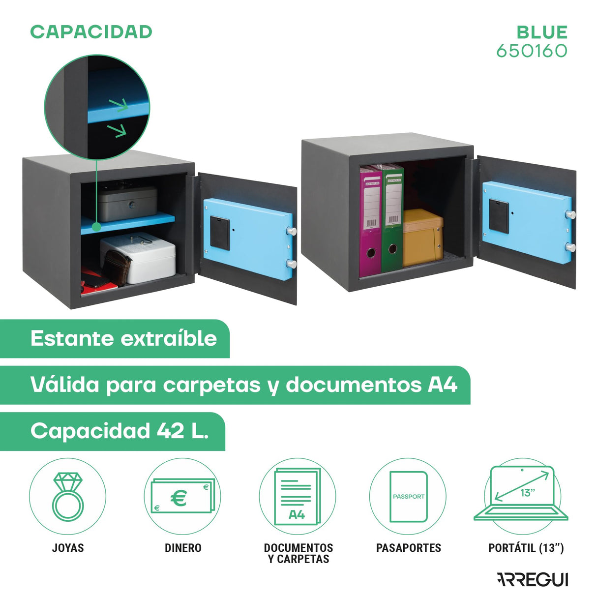 ARREGUI Blue 650160 Caja Fuerte de Acero con Cerradura Electrónica | 38x35x36 cm | 42 L | Caja de Seguridad para Casa y Hogar | Teclado con Códigos Programables | con Llave de Emergencia | grafito