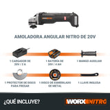 WORX Amoladora Brushless a batería 125mm 20V | PowerShare | WX812 | Incluye 1 batería 4Ah, cargador y maletín | Motor sin escobillas | Cuerpo delgado para un mejor agarre