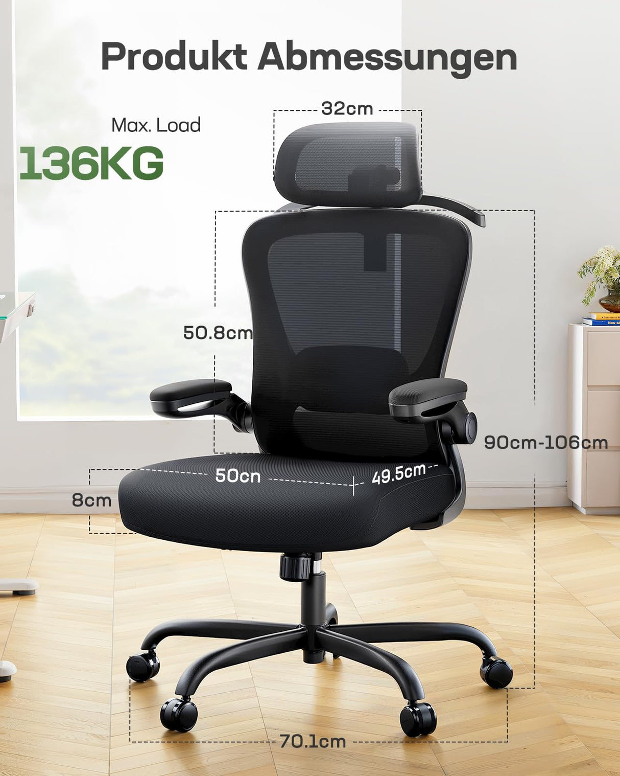 Marsail Silla de Oficina ergonómica con reposacabezas 3D y Soporte Lumbar 3D, Silla de Escritorio ergonómica con reposabrazos abatibles, Bloqueo de inclinación de 90° – 120° y cojín Grueso, soporta