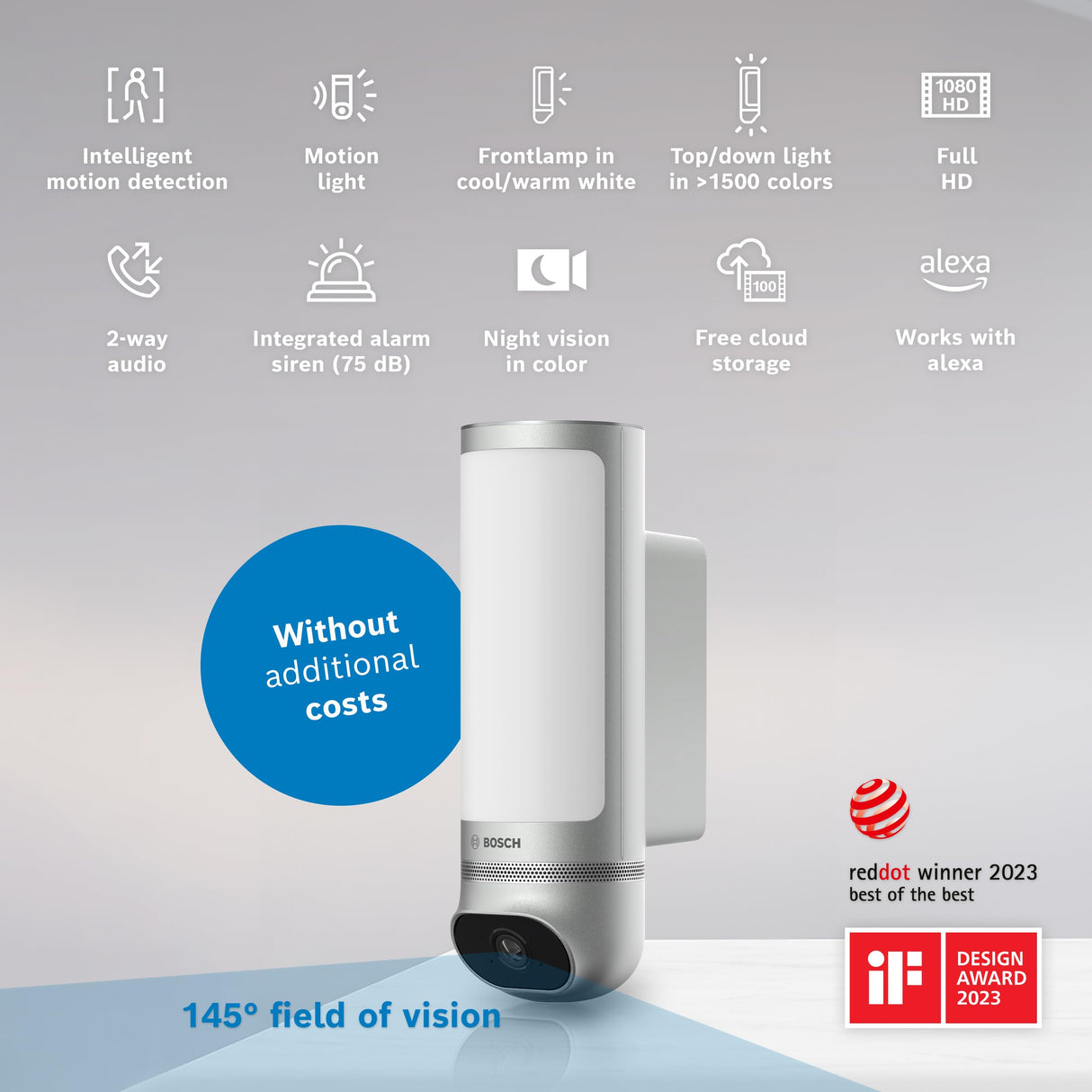 Bosch Smart Home Cámara Exterior II, cámara vigilancia Exterior, cámara IP, resolución 1080p Full-HD con Sirena integrada y lámpara de diseño, Compatible con Amazon Alexa,