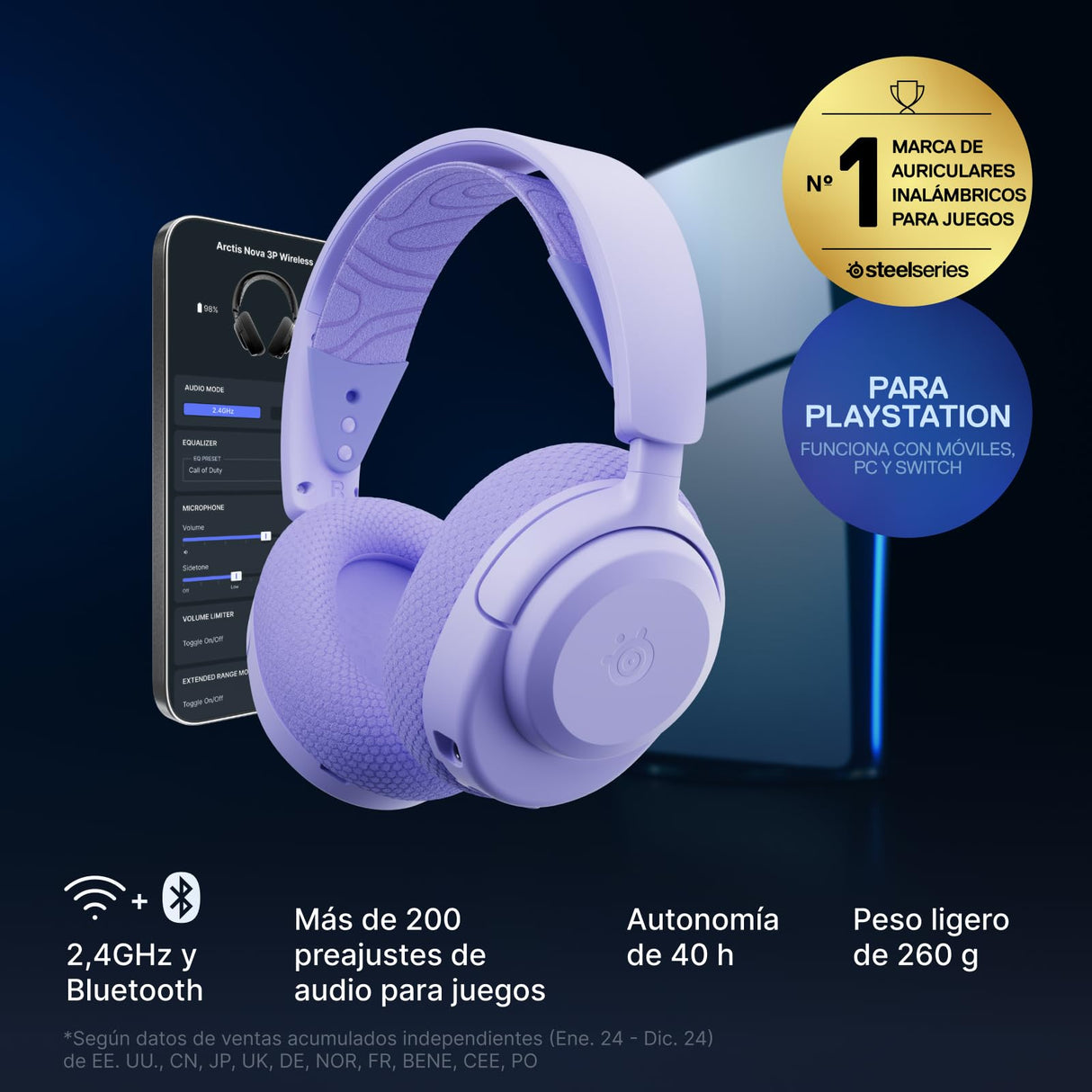 SteelSeries Arctis Nova 3P Wireless Auriculares Gaming multiplataforma - App - Batería 40h - Controladores magnéticos de neodimio - 2,4 GHz/Bluetooth - Micro extraíble - PS5, PS4, PC, Switch -Lavanda