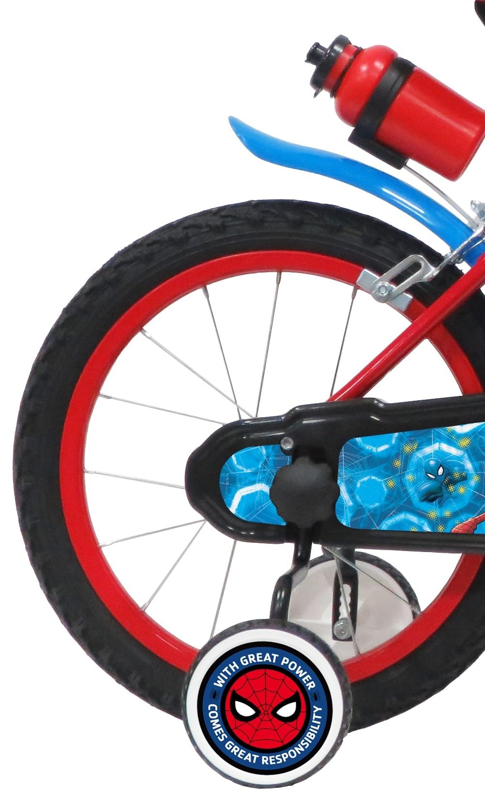 A.T.L.A.S. Bicicleta Infantil de 16 Pulgadas, Marvel Equipada con 2 Frenos, Placa Frontal Decorativa, Botella Trasera y Casco Spiderman Incluido ELO niño, Niños, Rojo idéntico a Las Fotos, 16''
