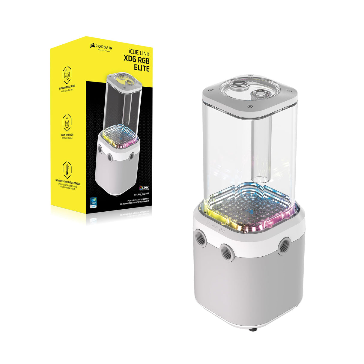 CORSAIR iCUE LINK XD6 RGB ELITE Unidad de Bomba/Depósito – Bomba FlowDrive Max, Sensor de Temperatura Integrado, 22 LED RGB Direccionables, Depósito de Nailon Transparente de 440 ml – Blanco