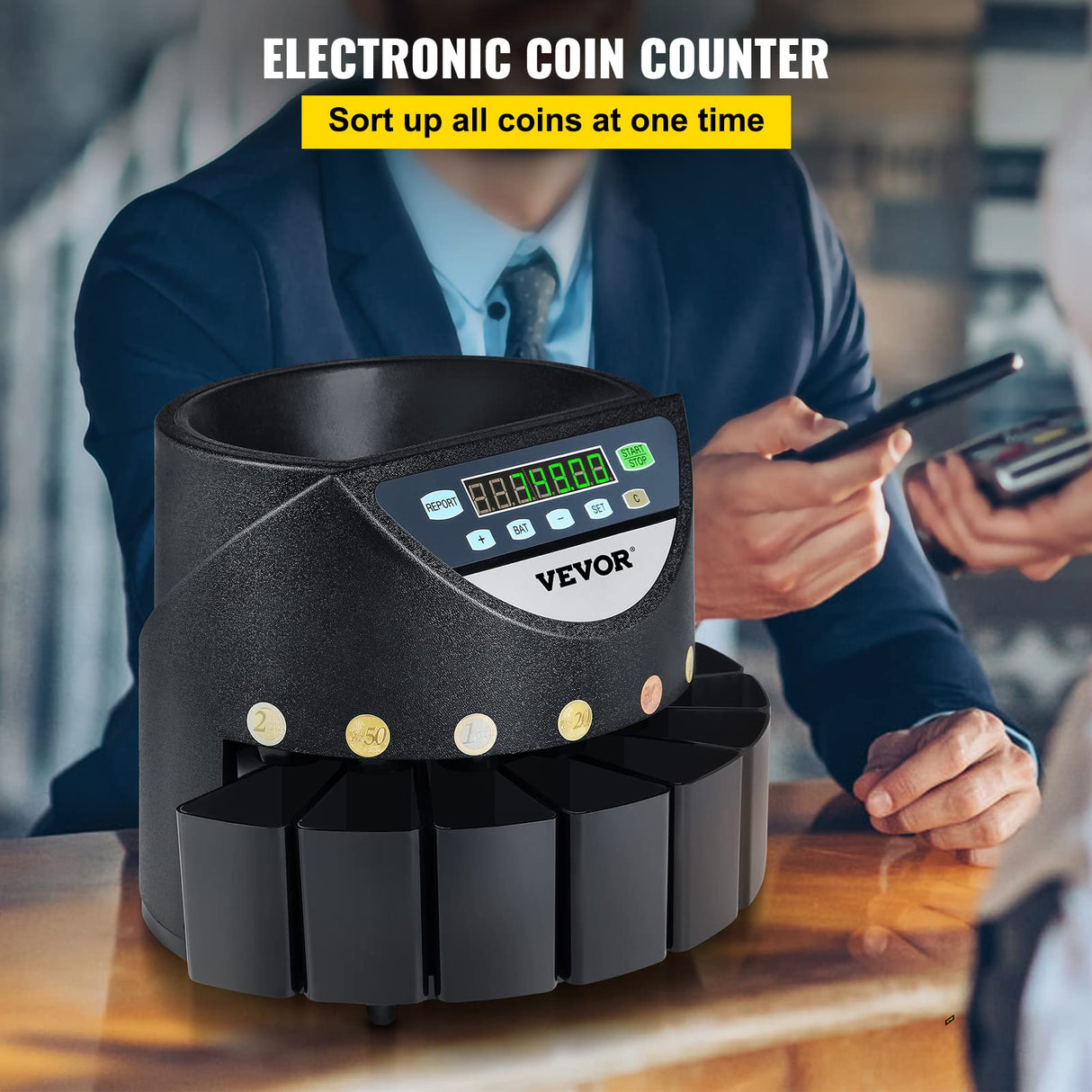 VEVOR Contador de Monedas Euro Profesional 220 V, Clasificador de Monedas Pantalla LED de 7 Dígitos 170 Monedas por Minuto, Máquina de Conteo de Monedas con 8 Cajas de Recolección de Alta Precisión