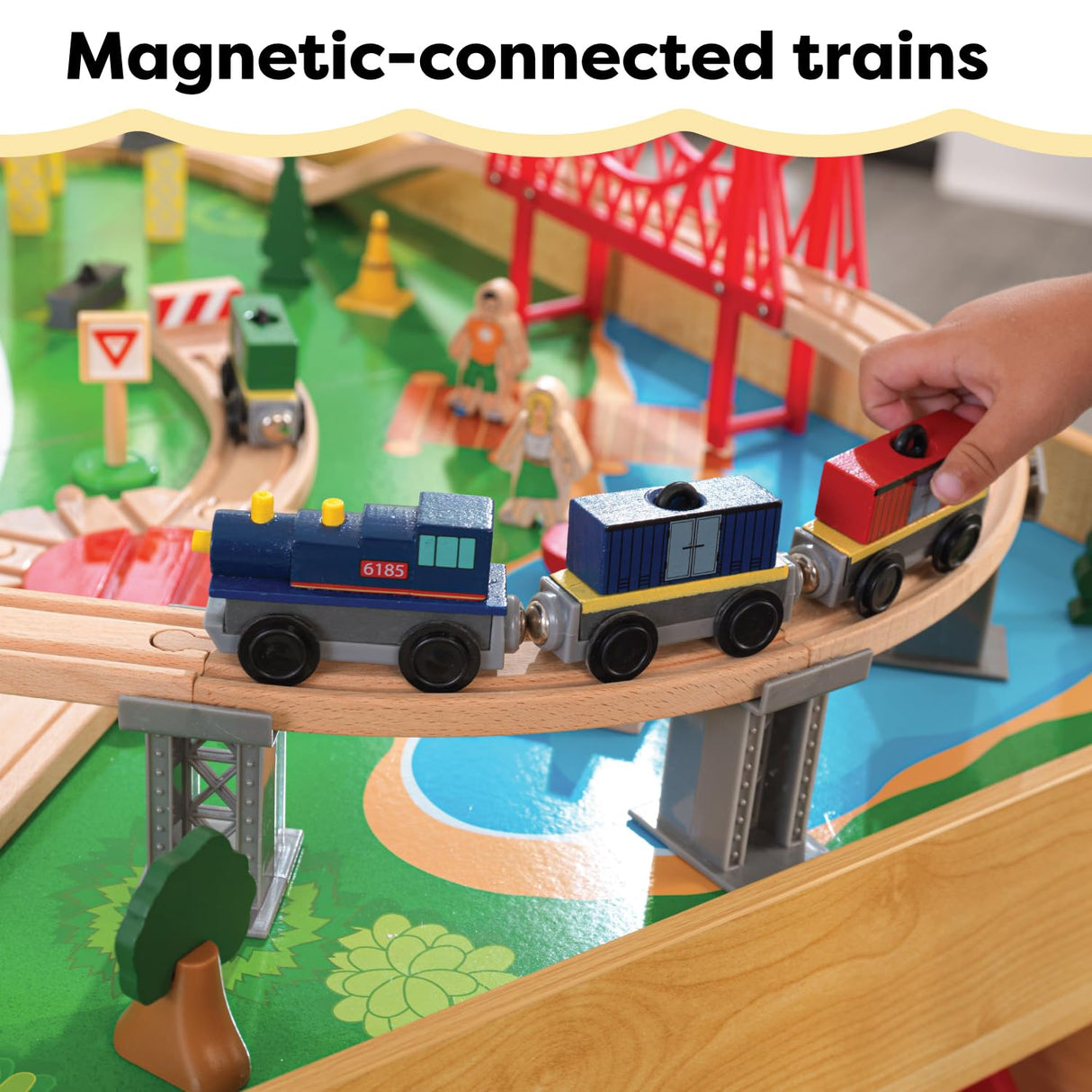 KidKraft Juego de Tren y Mesa de Madera Waterfall Mountain con Cajas de Almacenamiento, Circuito de ferroviarias con Coches, helicóptero y avión de Juguete niños 3+ años (17850)