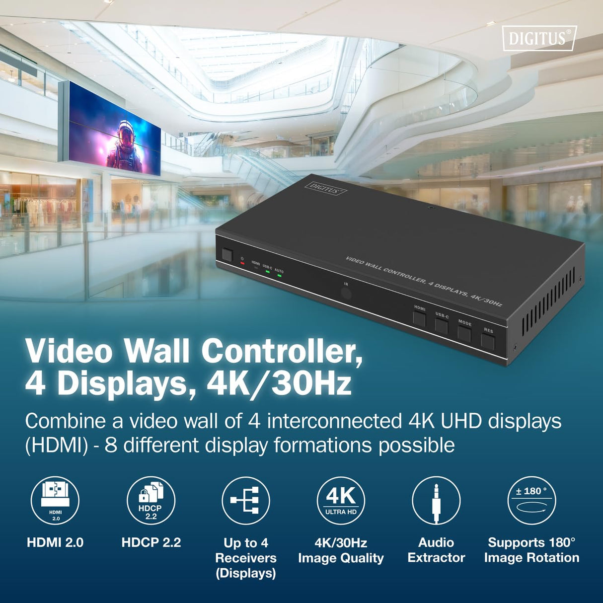 DIGITUS DS-55358 – Controlador de videowall HDMI – Señal de Entrada UHD 4k 60 Hz a través de HDMI 2.0 o USB-C – Salida 4k 30 Hz – Modos de visualización 1x1, 2x1, 3x1, 4x1, 1x2, 1x3, 1x4, 2x2