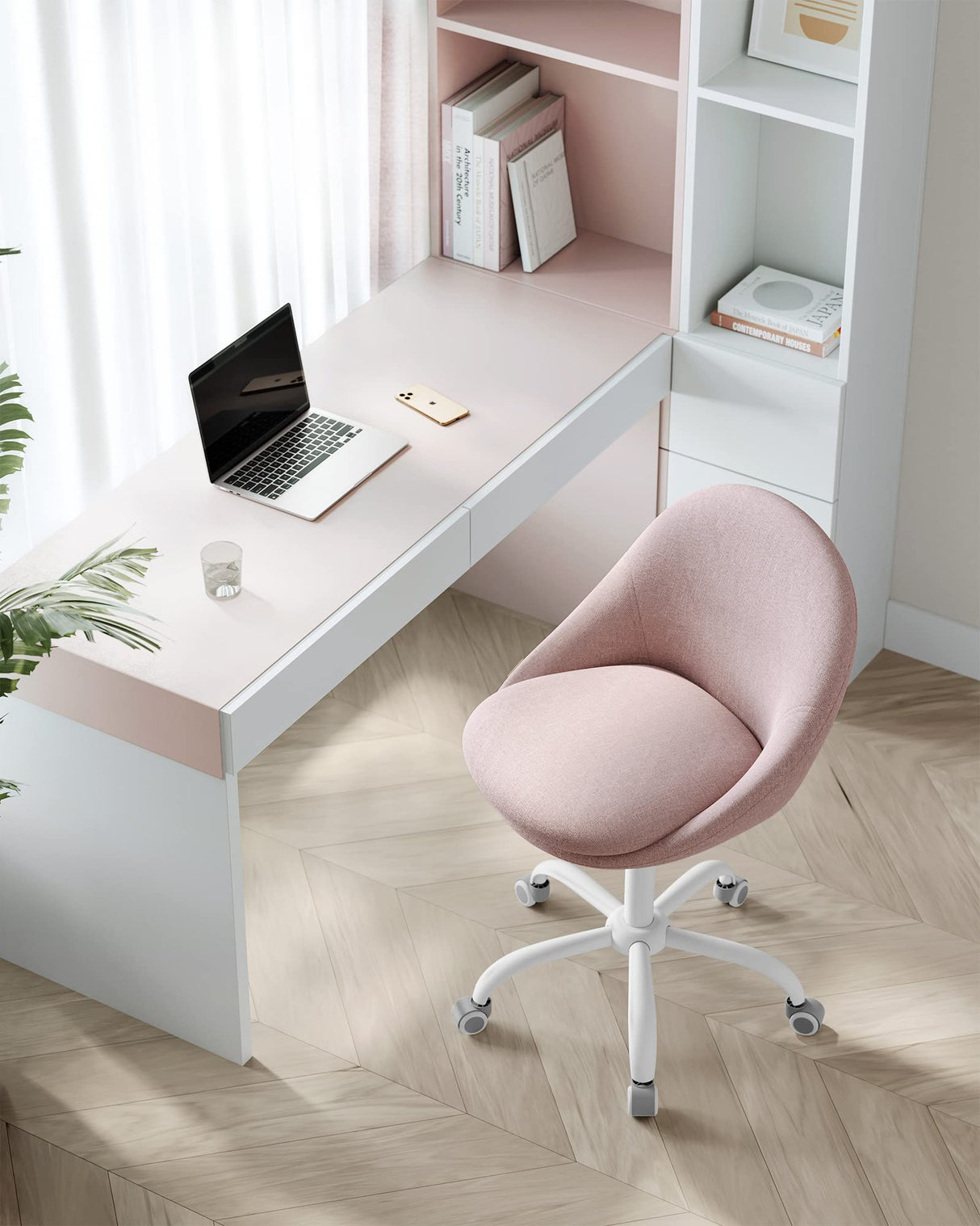 SONGMICS Silla de Oficina en Casa, Silla Giratoria de Algodón y Lino, Silla de Escritorio, Acolchada con Espuma, Altura Ajustable, para Estudio, Dormitorio, Rosa Jalea OBG020P01