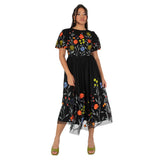 Maya Deluxe Women's Ladies Midi Dress Black Short Puff Sleeves Round Neck Floral Embroidered Open Back Tie A-Line Occasion Evening Vestido, 40 para Mujer