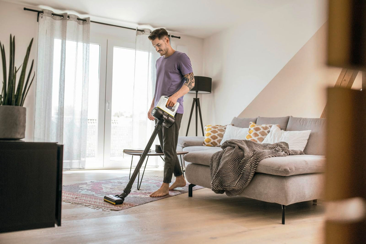 Kärcher Aspirador a batería VC 4 Cordless myHome, 2 Niveles aspiración, batería 21.6 V, autonomía por Carga 30 min Aprox., Peso 2.3 kg, Cargador, Soporte Pared, boquillas Suelo y Ranuras