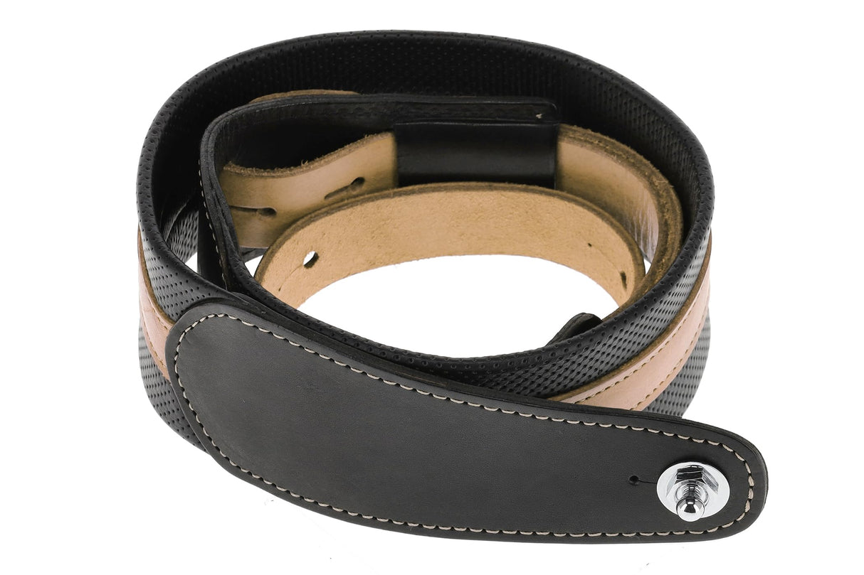 GEWA Correa para guitarra serie Prestige, cuero auténtico, ancho 65 mm, largo 103-139 cm, Cierres de seguridad: cromados, negro perforado/marrón, negro punteado/marrón claro, hechos a mano en Europa