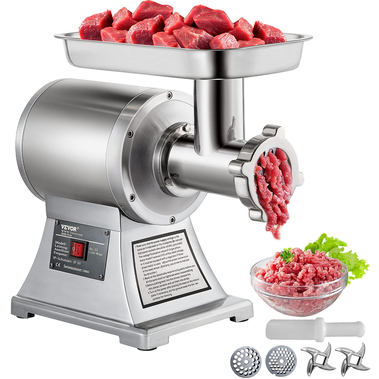 VEVOR Picadora de carne eléctrica 1100 W, capacidad 250kg/h, triturador de carne comercial, material de acero inoxidable para restaurantes supermercados tiendas de restauración rápida carnicerías